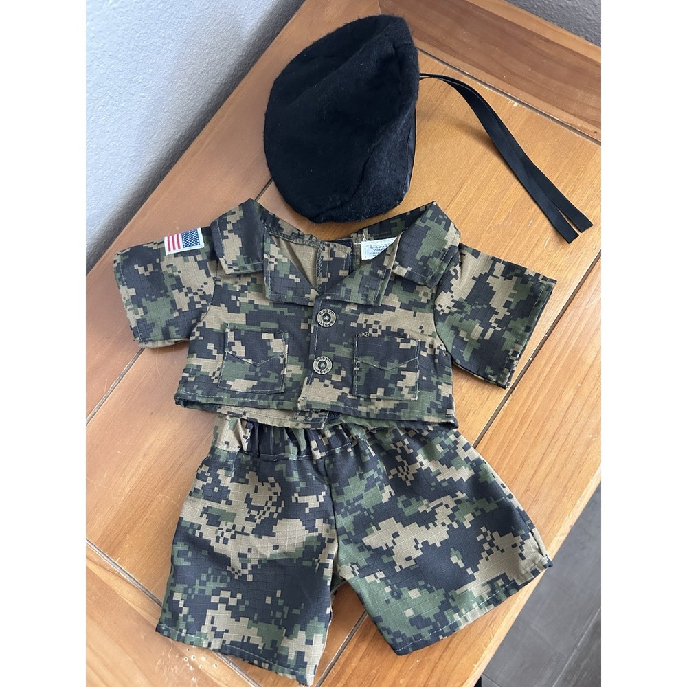 Build A Bear‎ Camo Outfit With American Flag Patch Military Beret
